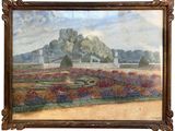 an image of a painting of a garden with a fountain in the middle
