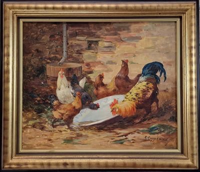 un tableau représentant des poules et des coqs en train de manger dans un bol