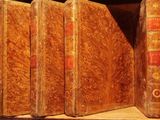 several old books are lined up on a shelf in a library
