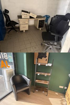 two pictures of a room with a desk and a chair