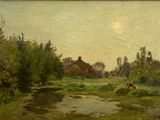 tableau représentant un homme à cheval dans un champ au bord d'une rivière