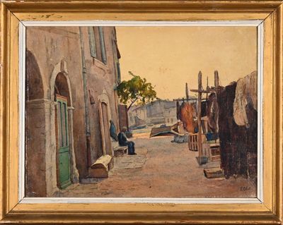 une peinture à l'huile représentant une scène de rue avec un homme assis sur un banc