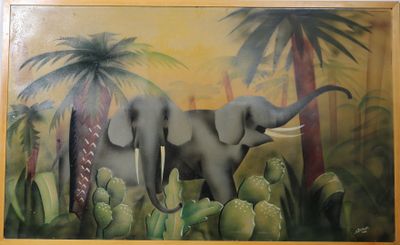 un tableau représentant un éléphant debout dans l'herbe
