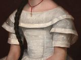 painting of a woman with long black hair in a white dress