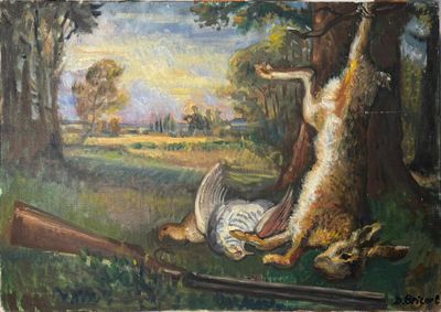 un tableau représentant un canard et deux canards dans un champ