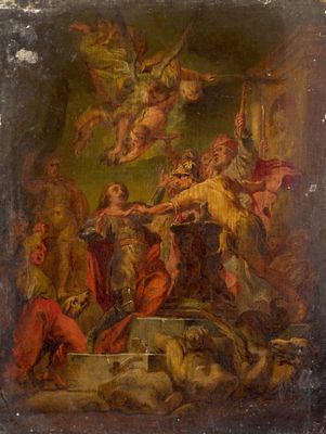 une image d'un tableau représentant un groupe de personnes dans une pièce