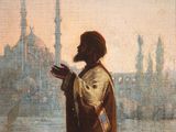 an oil painting of a man standing in front of a body of water