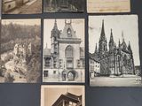 several old black and white photographs of buildings and a cross