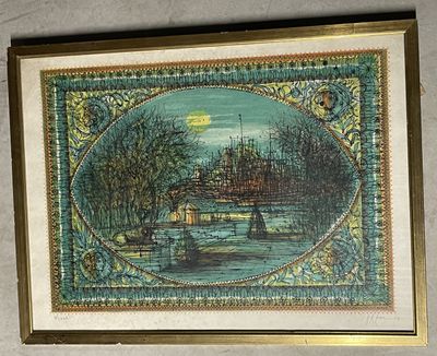 tableau encadré représentant un pont au-dessus d'un plan d'eau