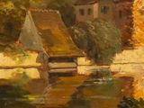 painting of a painting of a house by a body of water