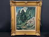 une image d'un tableau représentant une scène de montagne dans un cadre doré