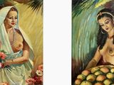 two paintings of women with fruit and flowers in a garden