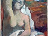 une peinture à l'huile représentant une femme enveloppée dans une serviette, assise sur un canapé