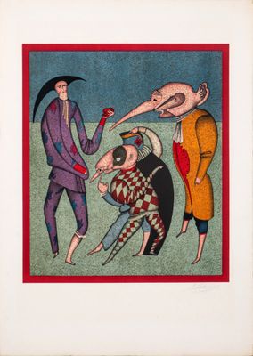 une image représentant un tableau sur lequel figurent un homme avec un oiseau sur la tête et une femme avec un oiseau sur la tête
