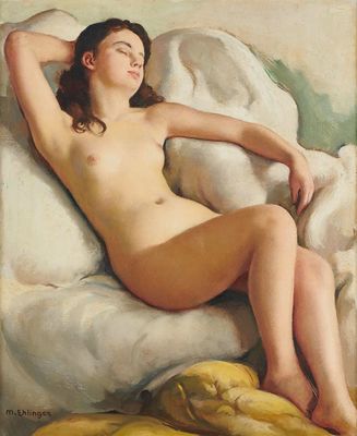 tableau représentant une femme nue allongée sur un lit avec un oreiller