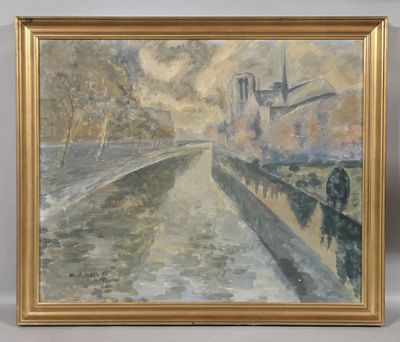 an oil painting of a man walking down a street next to a river