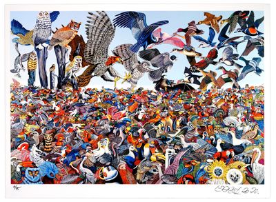 many birds that are flying in the sky together