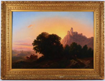 un tableau représentant un paysage de montagne avec du bétail au premier plan