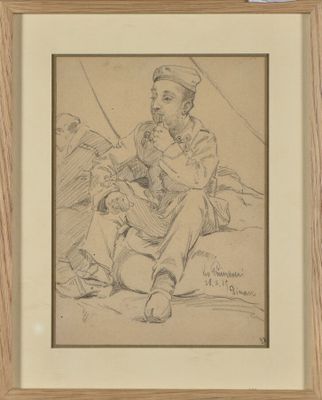 drawing of a man sitting on the ground with a guitar