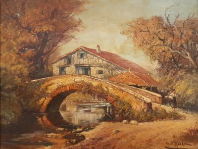 painting of a painting of a house and a bridge in a wooded area