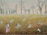 an image of a painting of people in a field with trees in the background
