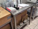 a table with a bunch of items on it in a kitchen