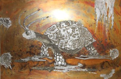 a painting of a turtle that is sitting on a tree branch