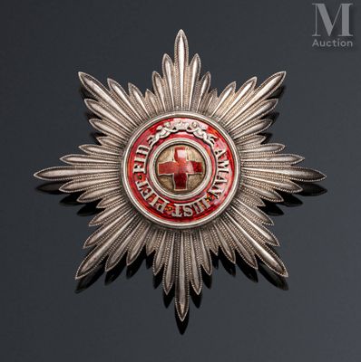 an image of a silver and red star badge on a black surface