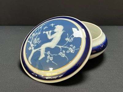 an image of a blue and white box with a picture of a woman on it
