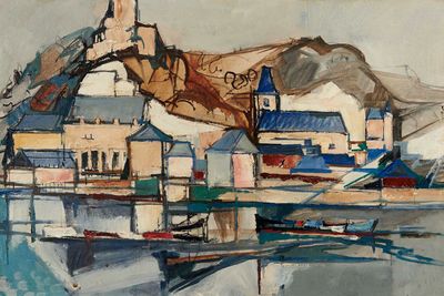 une peinture d'un bateau dans l'eau près d'un bâtiment