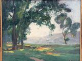 an oil painting of a landscape with trees and a path