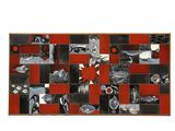 a picture of a red and black tile with birds on it