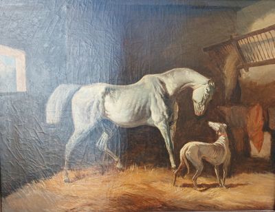 un tableau représentant un cheval et un mouton dans une grange