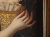 a painting of a woman holding a teddy bear in her hand
