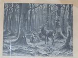 drawing of a deer in a forest with two deers in the foreground and trees in the background
