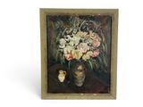 painting of a vase of flowers and a bird on a table