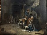painting of a man and a woman in a kitchen with a dog