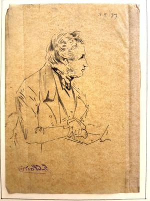 un vieux dessin représentant un homme en costume en train d'écrire sur une feuille de papier