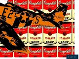 a collage of campbell ' s soup cans with a plane in the middle
