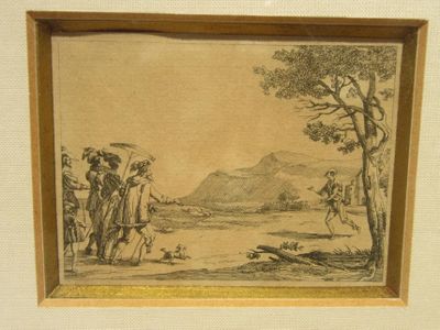 un vieux dessin représentant un groupe de personnes rassemblées autour d'un lac