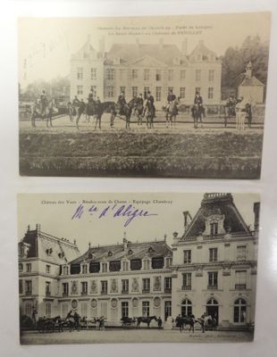 two black and white photos of horses and people in front of a building