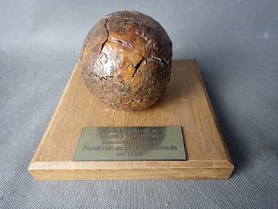 une plaque en bois sur laquelle est posée une balle, posée sur une table