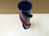 a blue and red cup sitting on a white table
