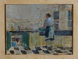 a painting of a woman standing in a kitchen