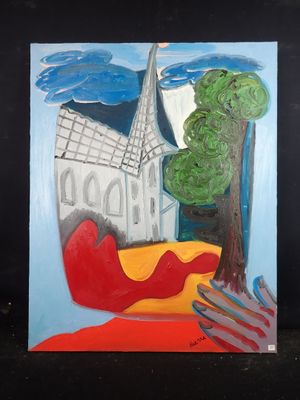 une peinture à l'huile représentant une église et un arbre sur fond noir