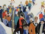 painting of a crowd of skiers and snowboarders on a snowy slope
