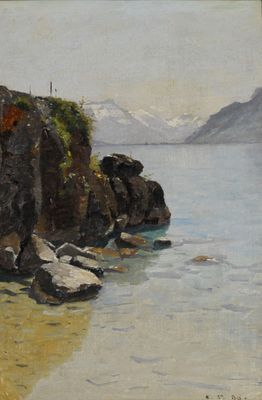 tableau représentant une vue d'un rivage rocheux avec un phare au loin