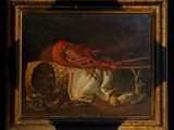 an oil painting of a lobster and other items on a table