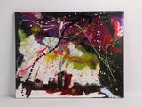 peinture abstraite sur toile, sur fond blanc et noir, avec des touches de rouge, de jaune et de vert