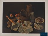 une peinture représentant une nature morte avec un panier de fruits posé sur la table